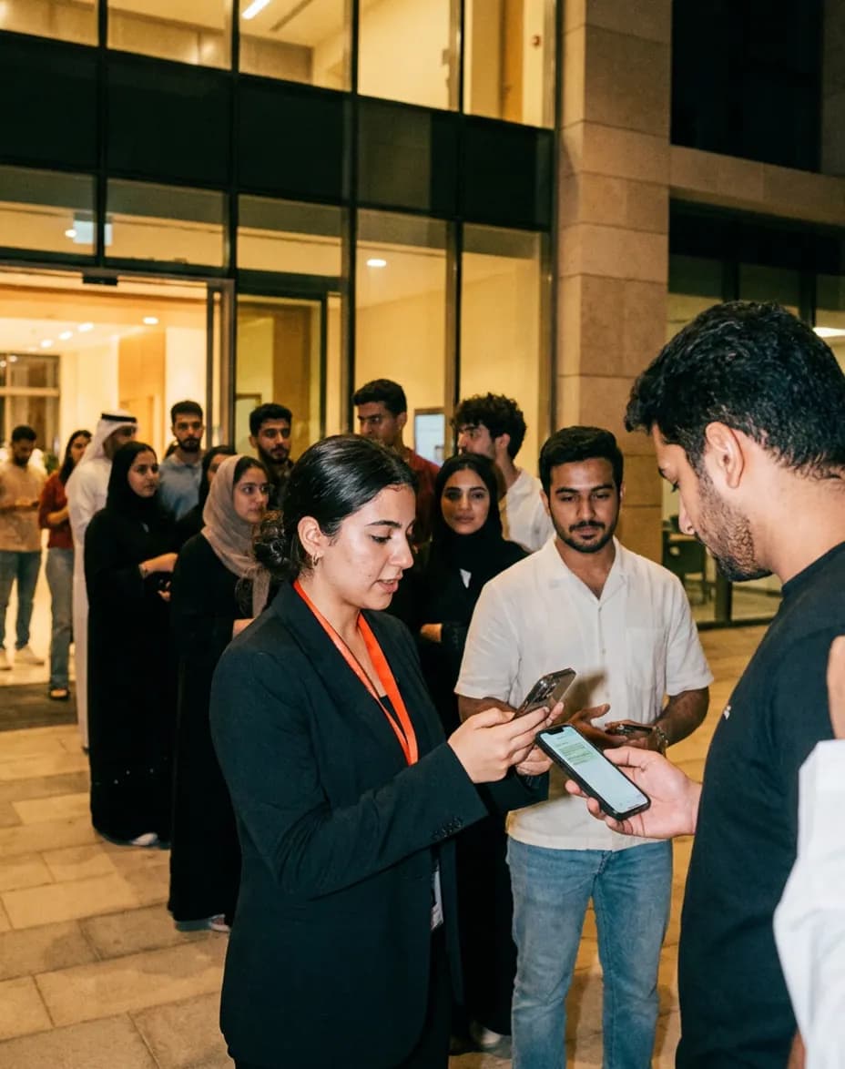 A committee member scanning a guest's ticket on her phone at an event entrance