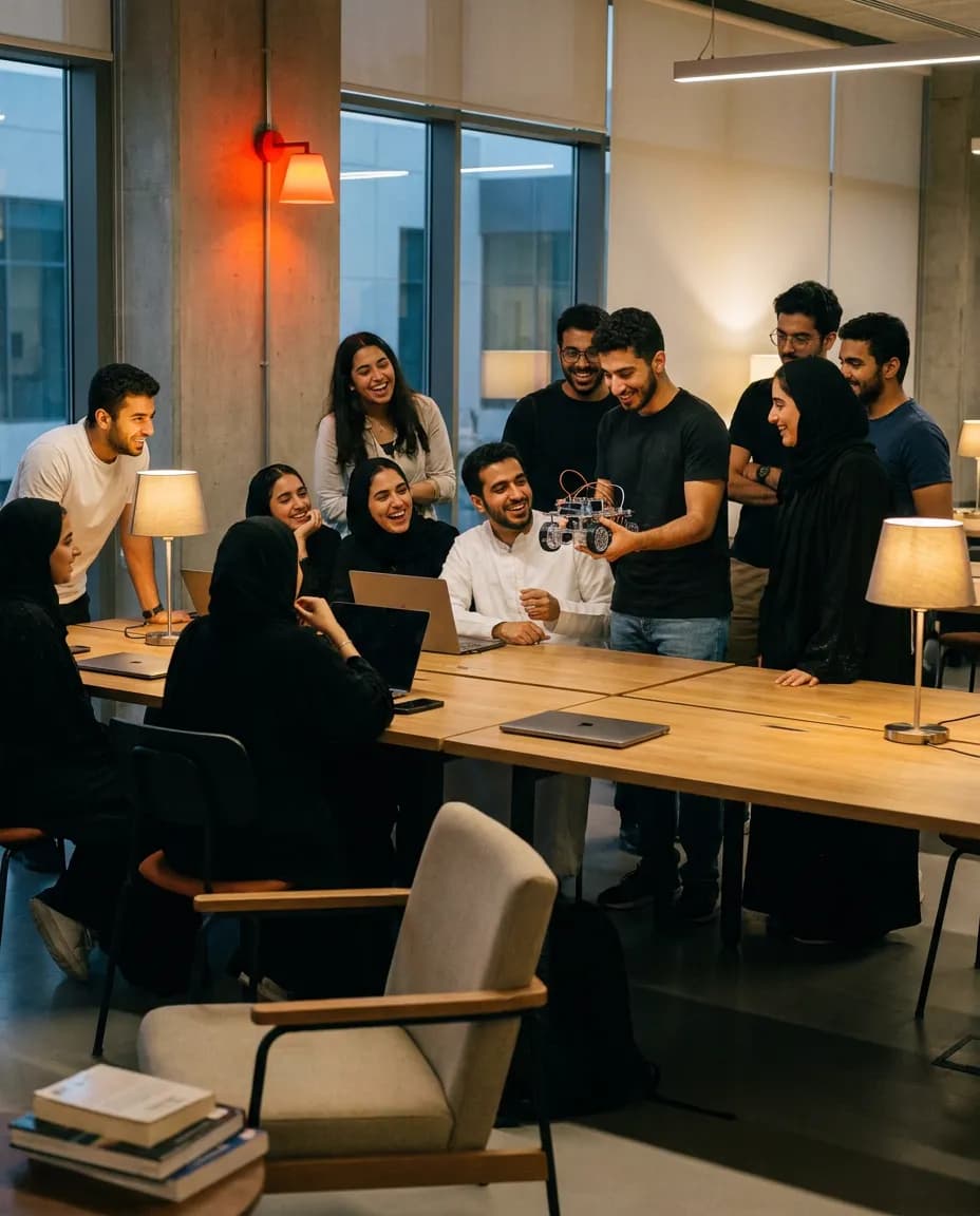 Students gathered around a small robot at an evening society meetup