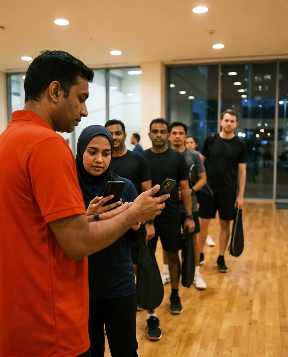 A club volunteer checking a player in from his phone at the door of a sports hall