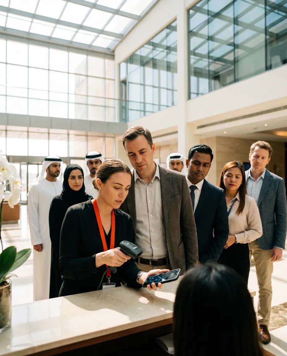 A staff member scanning an attendee's ticket at a conference registration desk