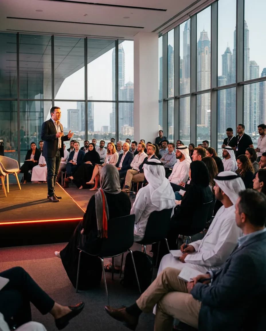 A speaker on stage at a founders' summit, the audience seen from behind