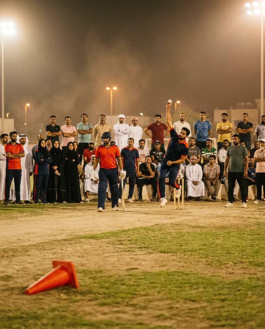 A bowler mid-delivery at a floodlit community cricket tournament