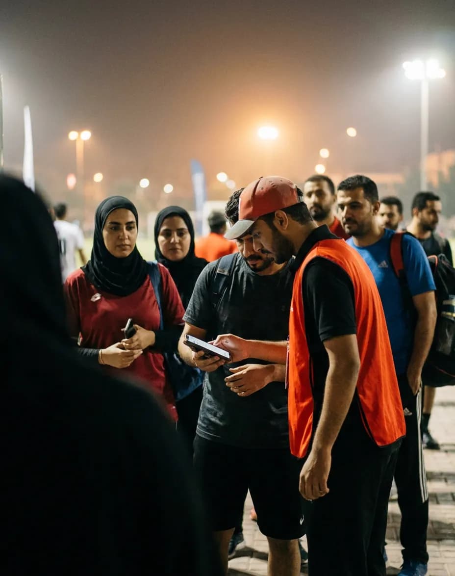 A volunteer scanning a player's ticket at the gate of a floodlit tournament