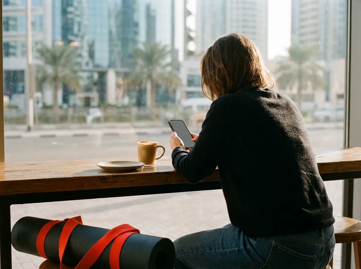 A woman at a café window with a coffee, booking a class on her phone, a rolled yoga mat with a scarlet-orange strap beside her