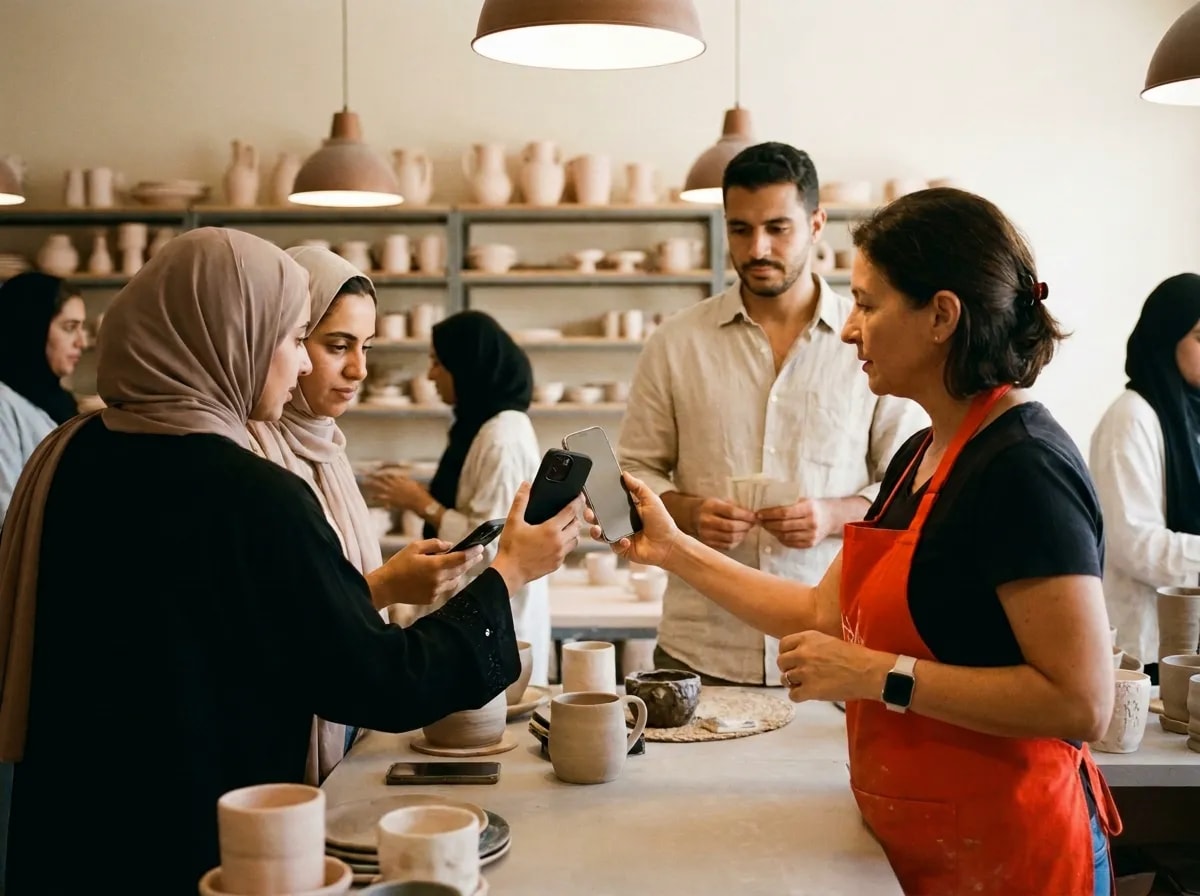 A pottery teacher in a scarlet-orange apron checking a student in from her phone at the studio counter, another student behind ready to pay cash for a drop-in