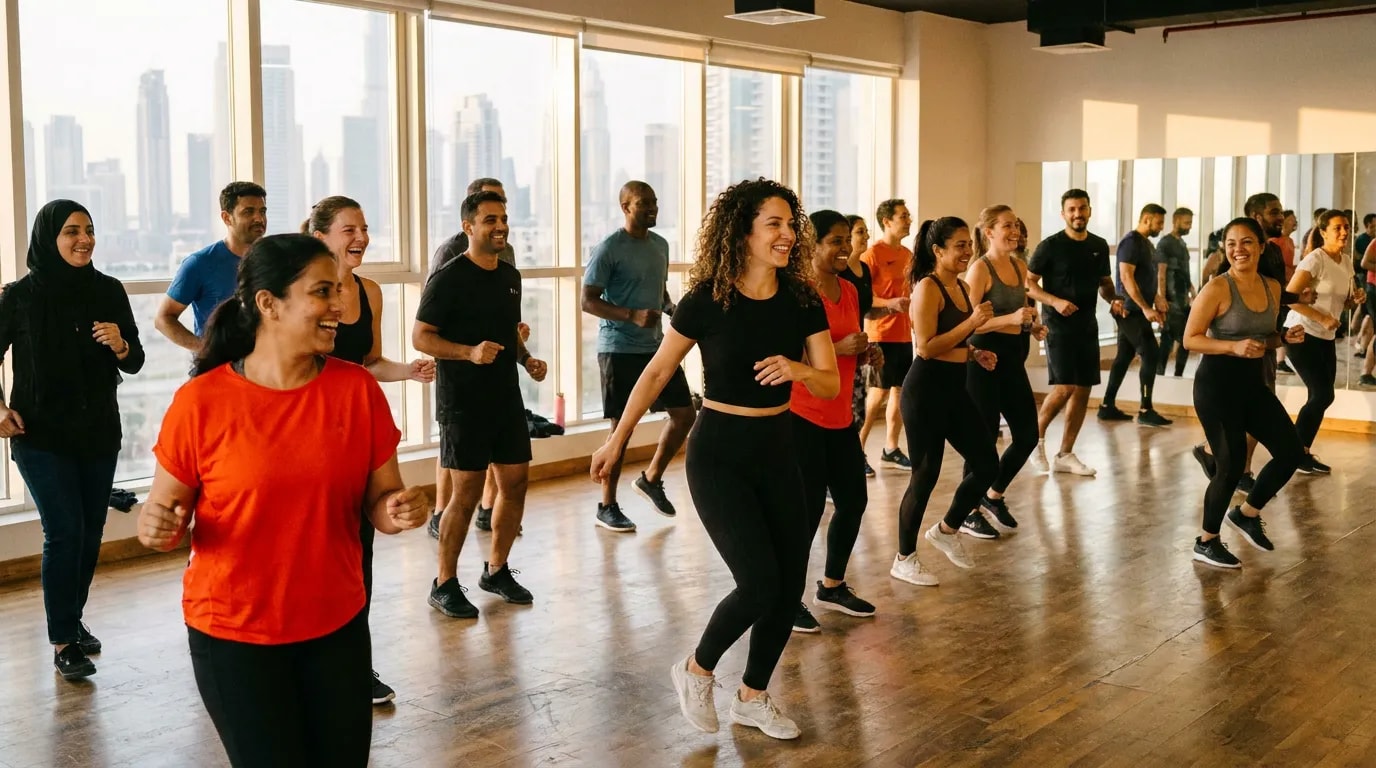 An evening dance class in a bright studio with tall windows over the city — a mixed group of adult students mid-step, one in a scarlet-orange top in the foreground