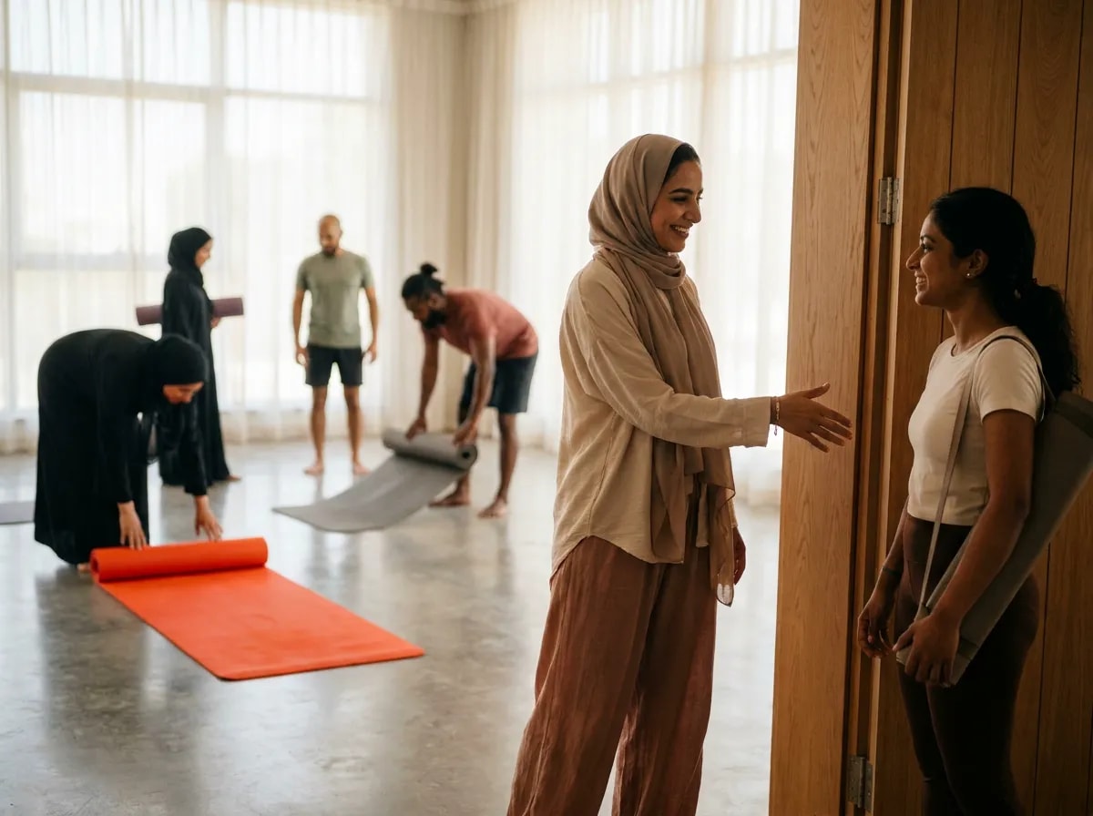 A yoga teacher welcoming a first-time student at the studio door while others lay out mats, one of them scarlet-orange
