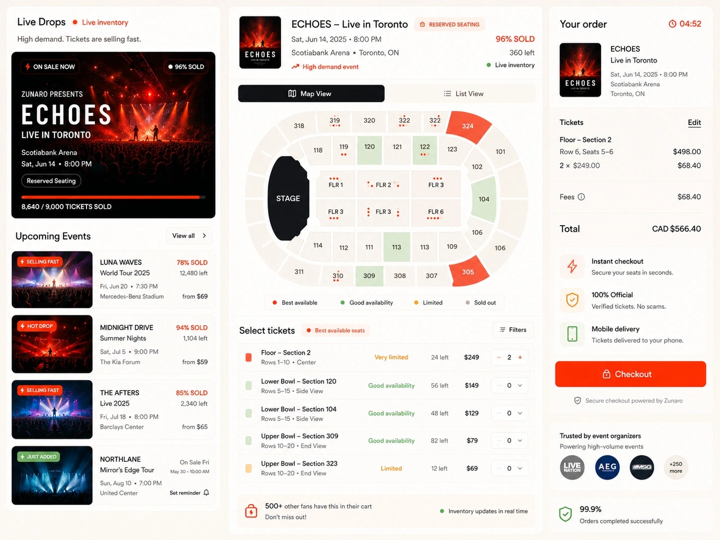 Zunaro concert ticketing for ECHOES Live in Toronto — a live-drops rail with on-sale and sold-percentage badges, a real-time arena seat map with best-available/limited/sold-out sections, a ticket list with per-section pricing and live inventory, and an order summary ready for instant checkout