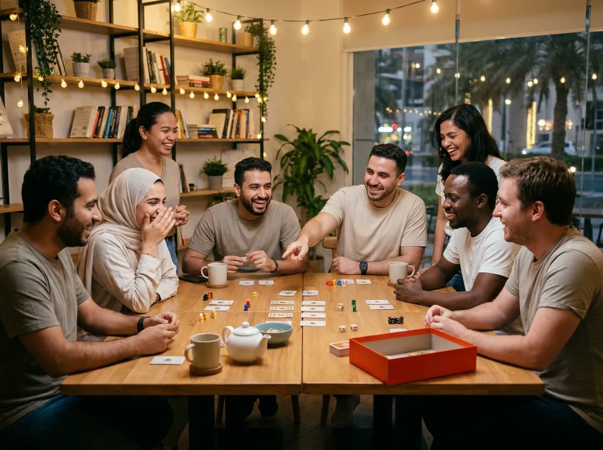 Friends laughing around two tables at a café board-game social under string lights, a scarlet-orange game box on the table