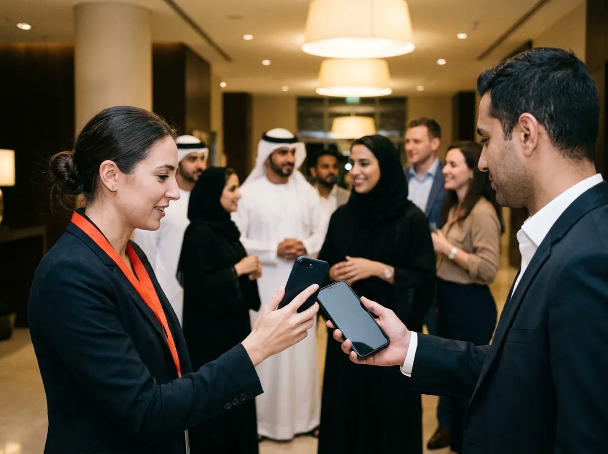 A host wearing a scarlet-orange lanyard checking a guest in from her phone at the entrance of an evening networking event, guests chatting behind