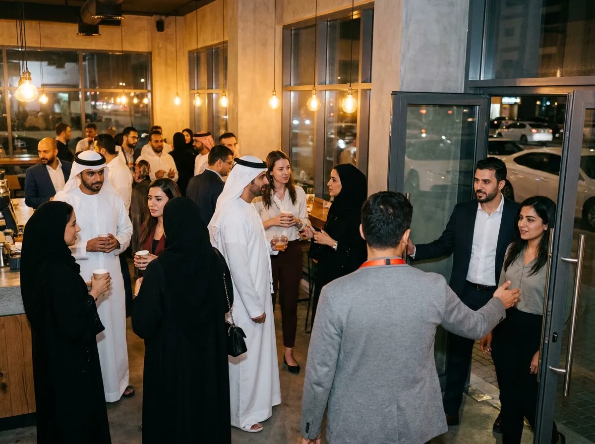 A full founders' meetup in a café — professionals standing in small groups with drinks while the host, wearing a scarlet-orange lanyard, welcomes newcomers at the door
