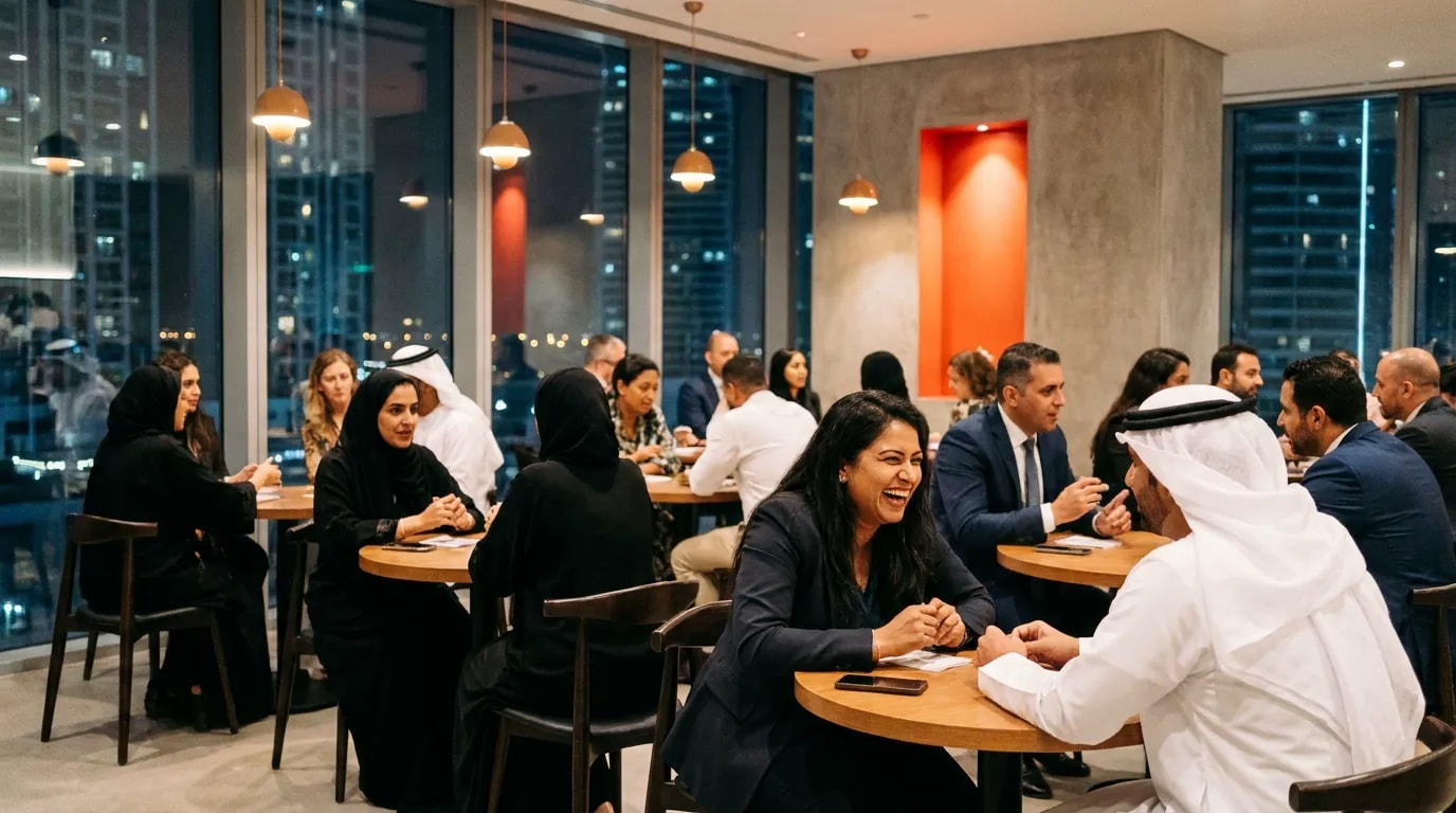 A speed networking evening in a restaurant with tall windows onto city towers at night — professionals talking in pairs at small round tables, a scarlet-orange light in the wall behind