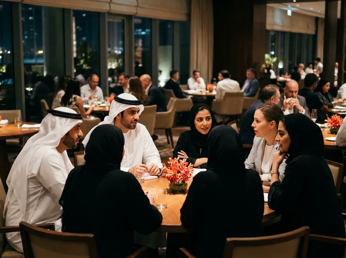 Guests deep in conversation at a front table of a networking dinner, scarlet-orange flowers in the centre and other tables softly out of focus behind