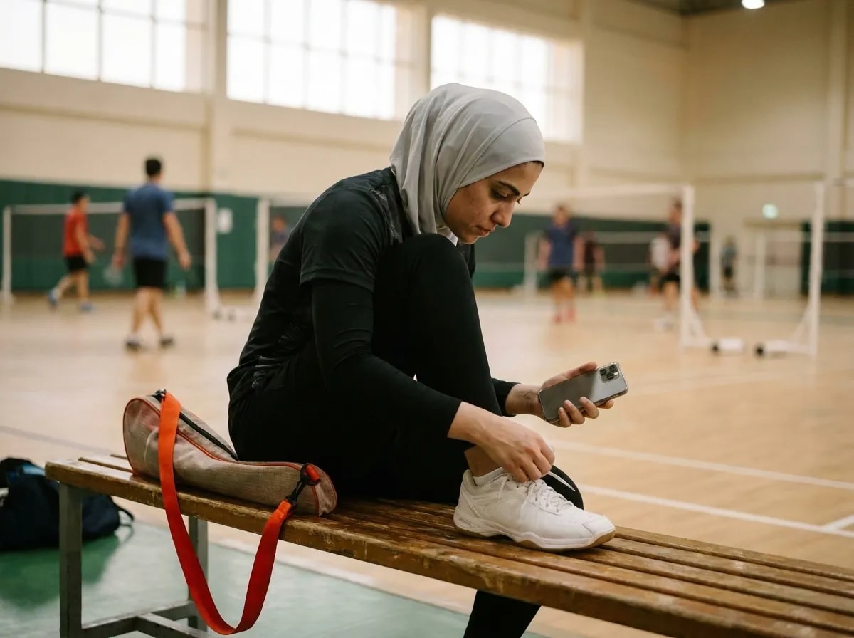 A badminton player lacing her shoes on a courtside bench, phone in hand as she books her next session, a racket bag with a scarlet-orange strap beside her