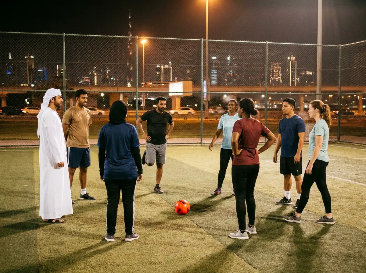 A five-a-side football group warming up together on a floodlit pitch at night, everyone arrived, a scarlet-orange ball at their feet and city lights beyond the fence