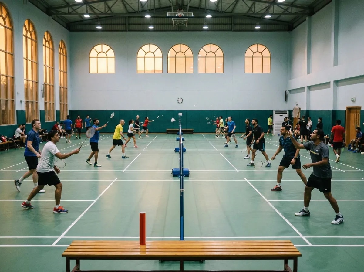 Every badminton court in a hall full and in play, a doubles pair on each, high windows glowing at dusk and a scarlet-orange shuttle tube on a courtside bench