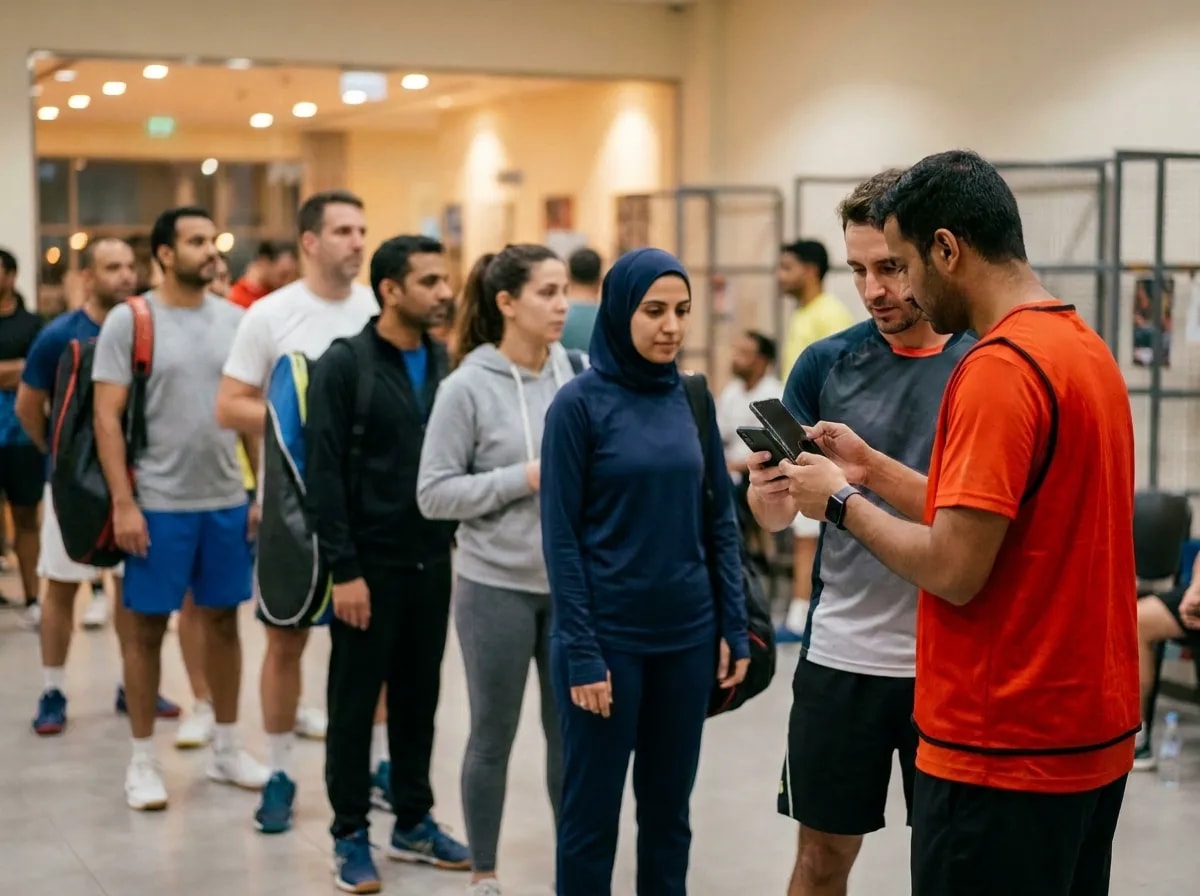 A volunteer in a scarlet-orange shirt checking a player in at the door of a sports hall from his phone, a short queue of players with racket bags behind