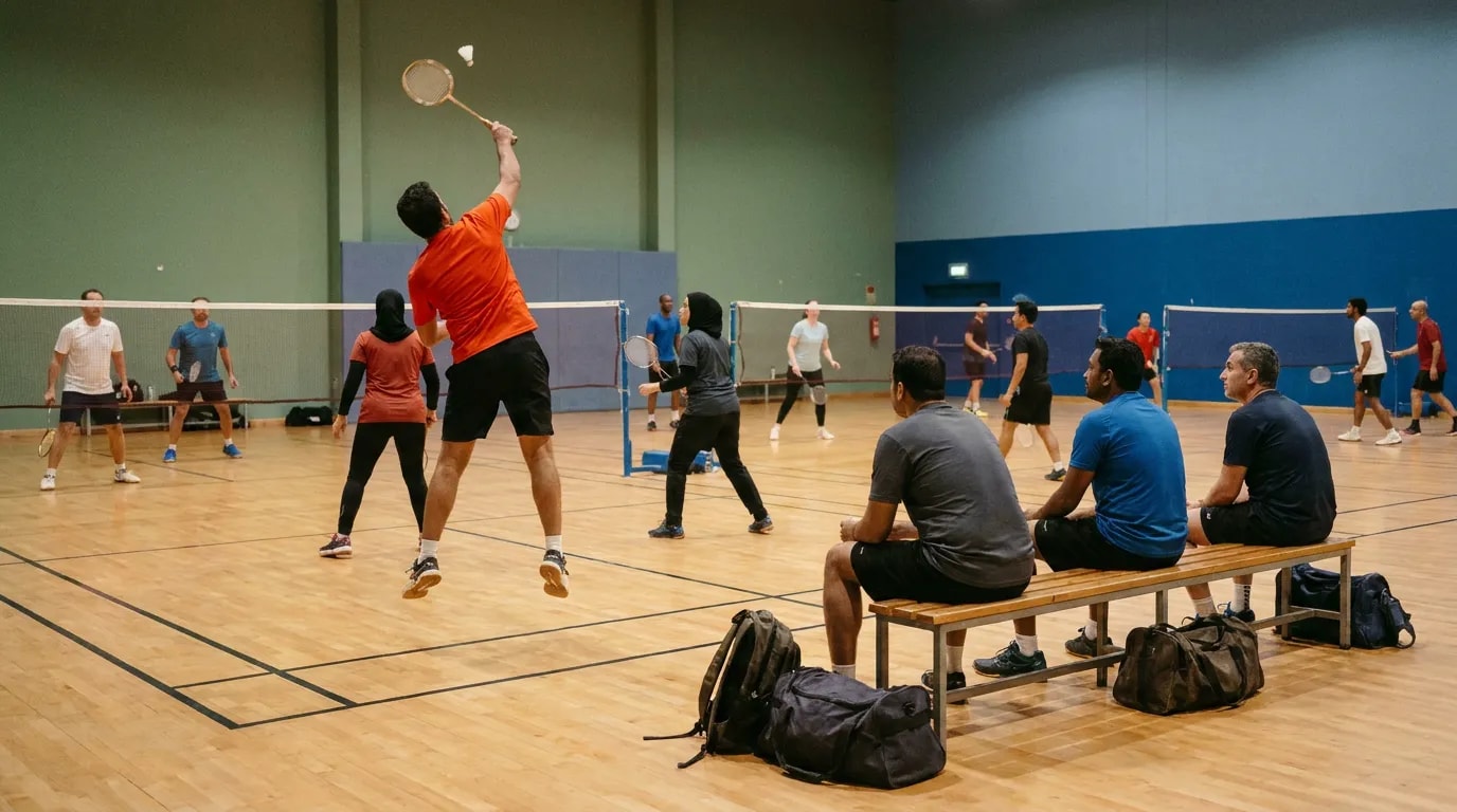An evening community badminton session in a sports hall — doubles rallies across several courts, a player in a scarlet-orange shirt mid-smash in the foreground and players waiting on a bench with their kit bags